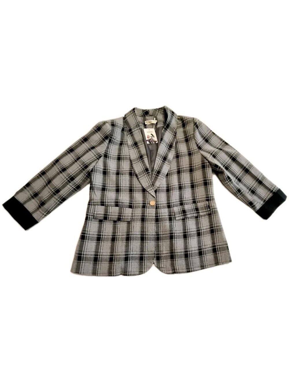 Genhoo Long Sleeve Blazer Black Gray Plaid Plus Size 2XL Jacket One Gold Button